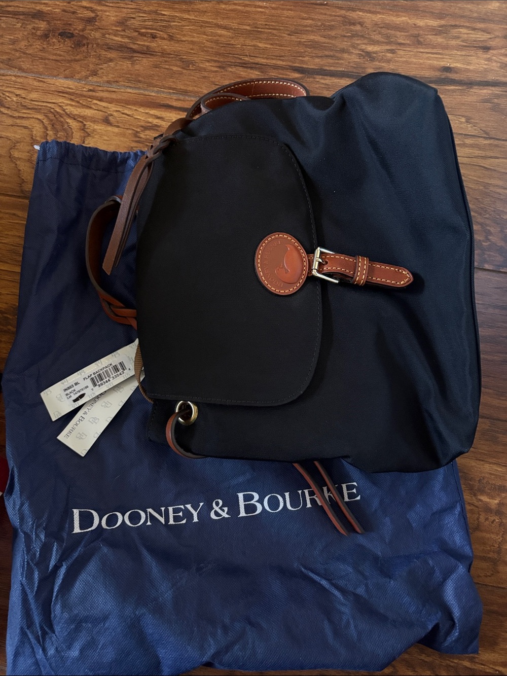 Dooney & Bourke Black Nylon Backpack with Brown Leather Trim